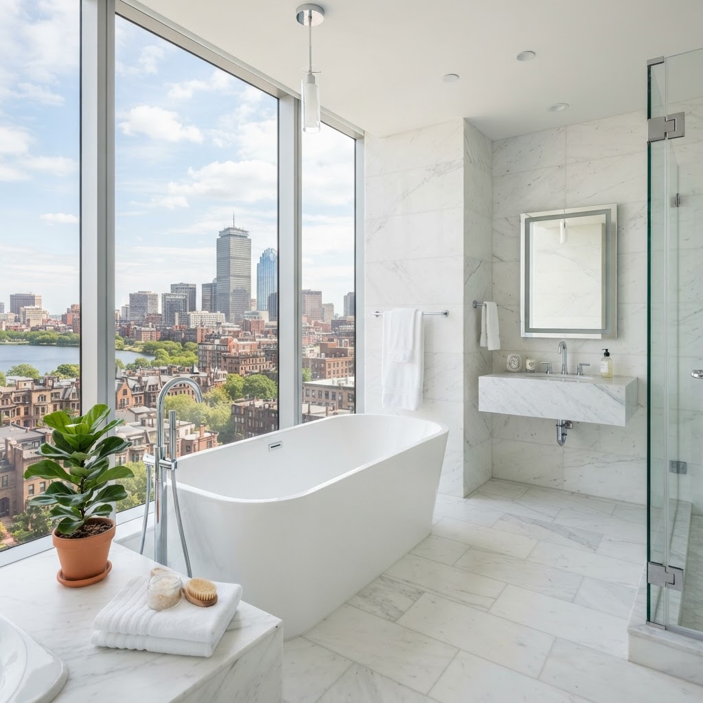 Luxury high-rise condo bathroom with Boston skyline