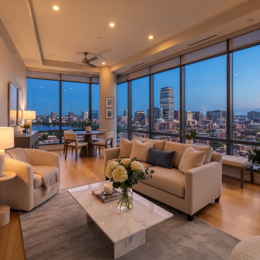 Luxury high-rise condo living room at dusk