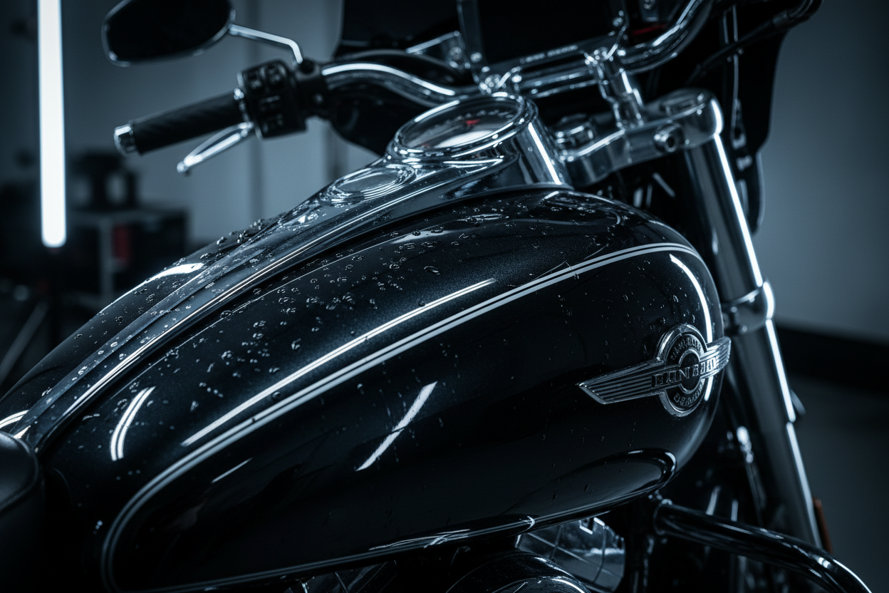 Detalhe de moto após lavagem premium
