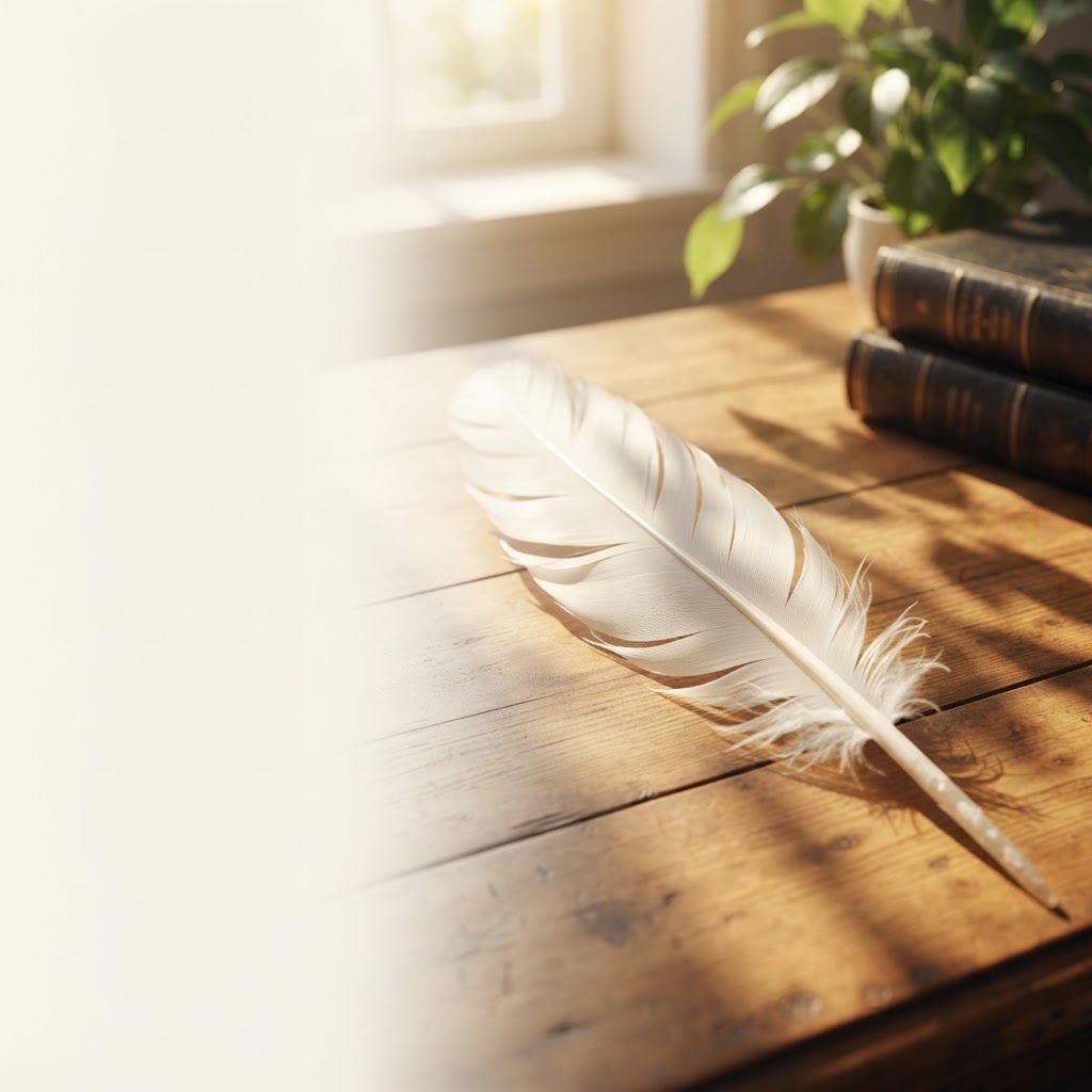 Pluma blanca de ave sobre un escritorio de madera iluminado naturalmente