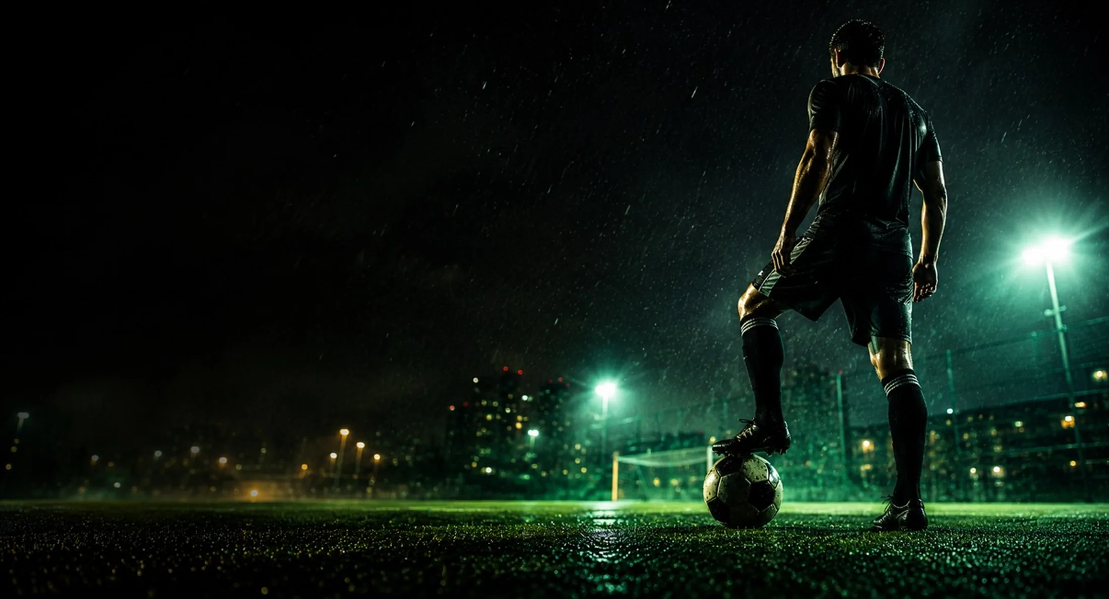Cancha de fútbol amateur de noche con reflectores