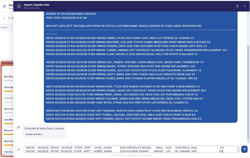 Importing open repair orders from a dealership DMS report into the ShopTrak dispatch queue