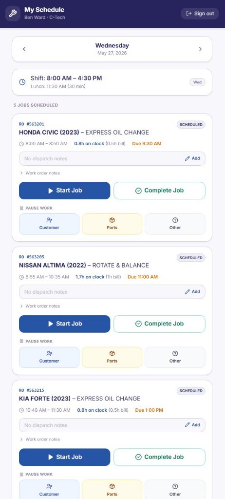 Technician schedule on mobile showing the technician's assigned repair orders for the day with Start Job and Complete Job actions