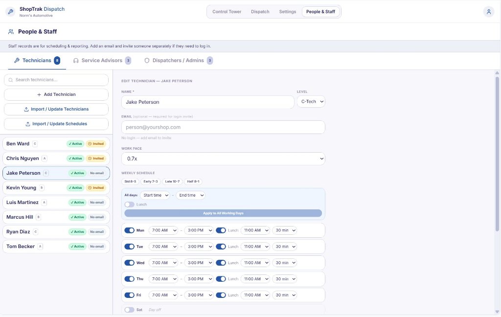 Technician management screen showing each technician's pace, skill level, and weekly schedule used for shop capacity planning