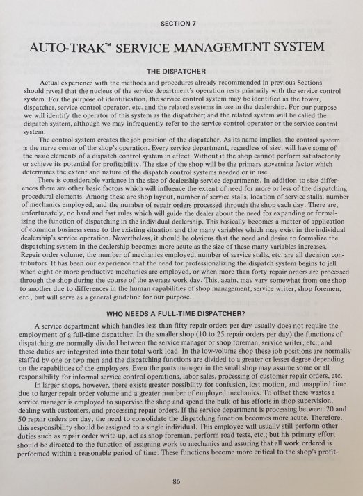 Original Auto-Trak Service Management System book page titled "Who Needs a Full-Time Dispatcher?"