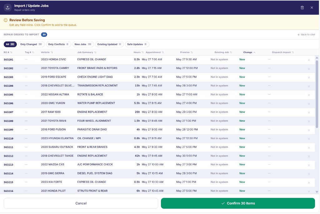 Repair order import review showing parsed repair orders from a dealership DMS with appointment times, promise times, and change status before they enter the dispatch queue