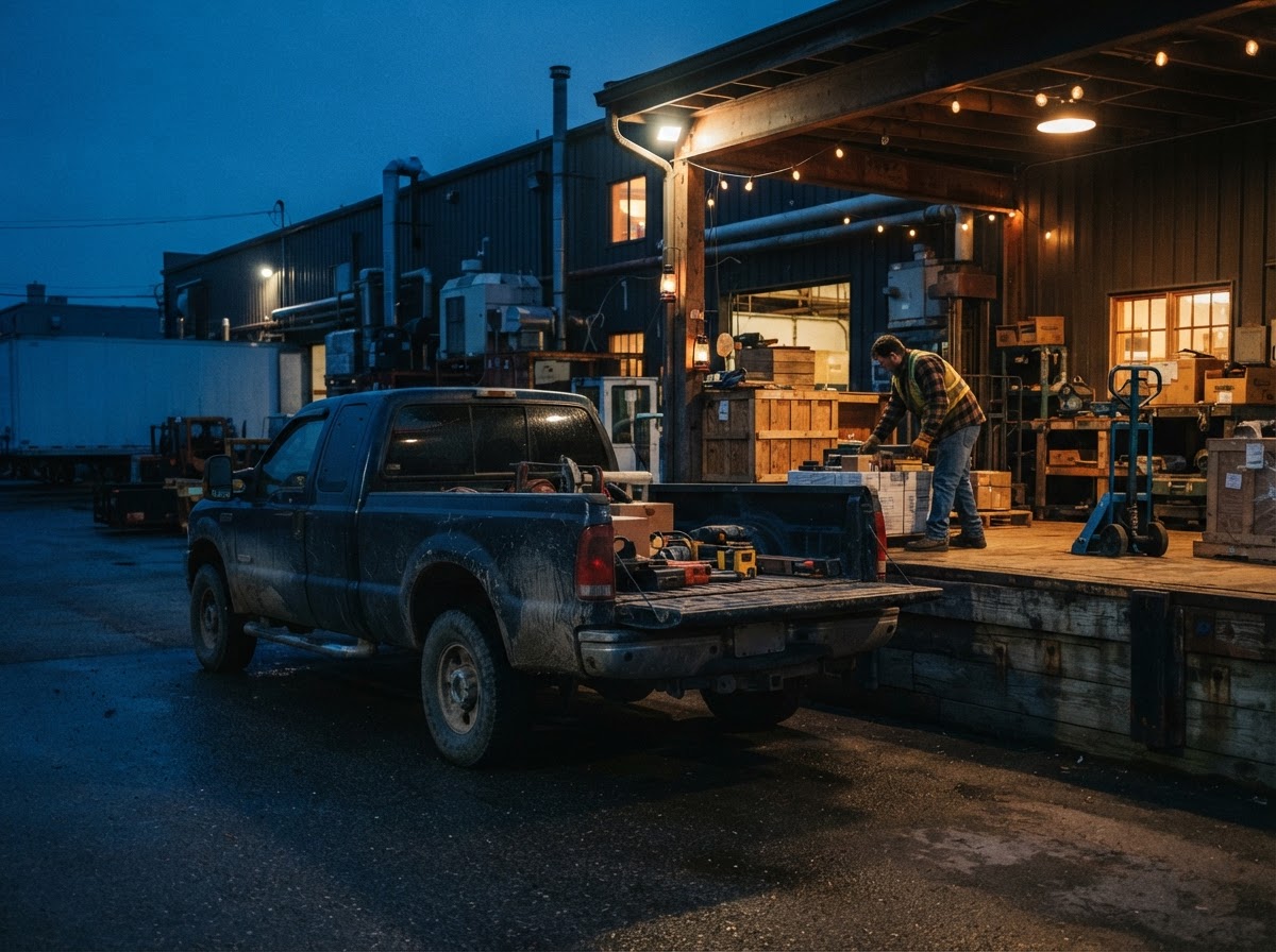 A pickup backed up to a loading dock at dusk