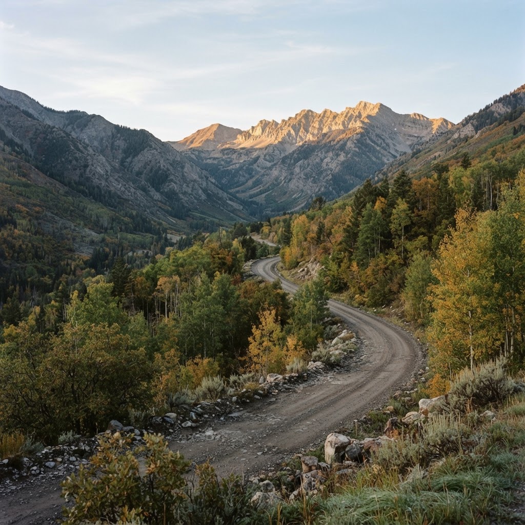Aspen groves and a gravel road in the Wasatch mountains of Utah at dawn