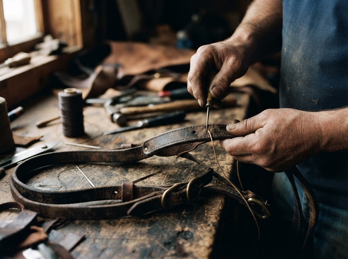 Hands working on leather tack
