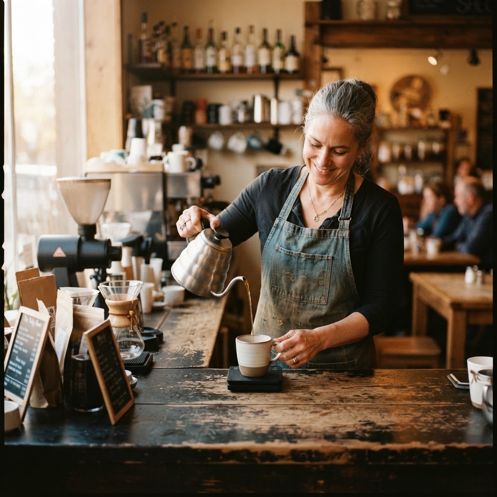 A cafe owner pouring coffee behind a worn wooden counter in morning light