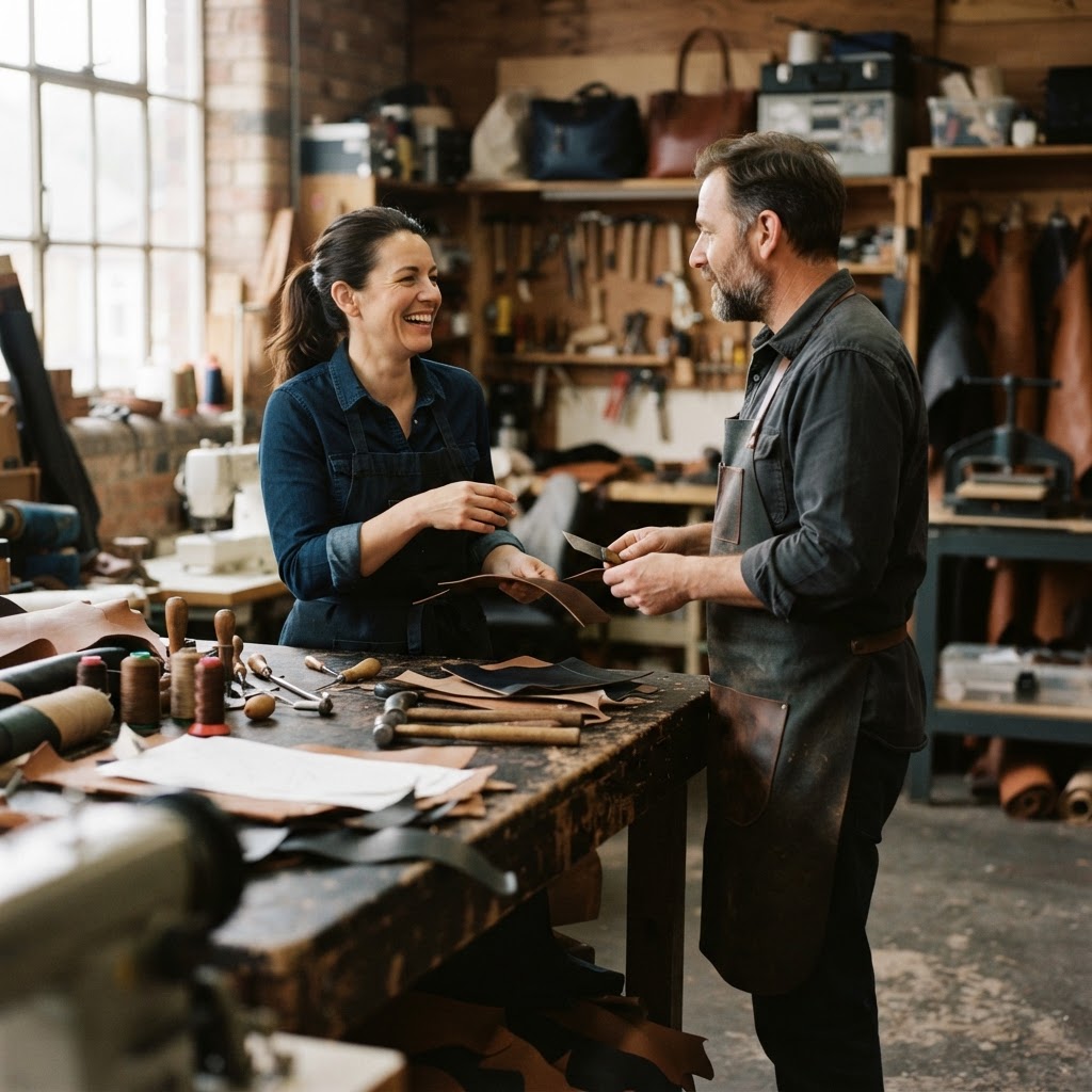 Two business owners in candid conversation across a workbench in a leather workshop