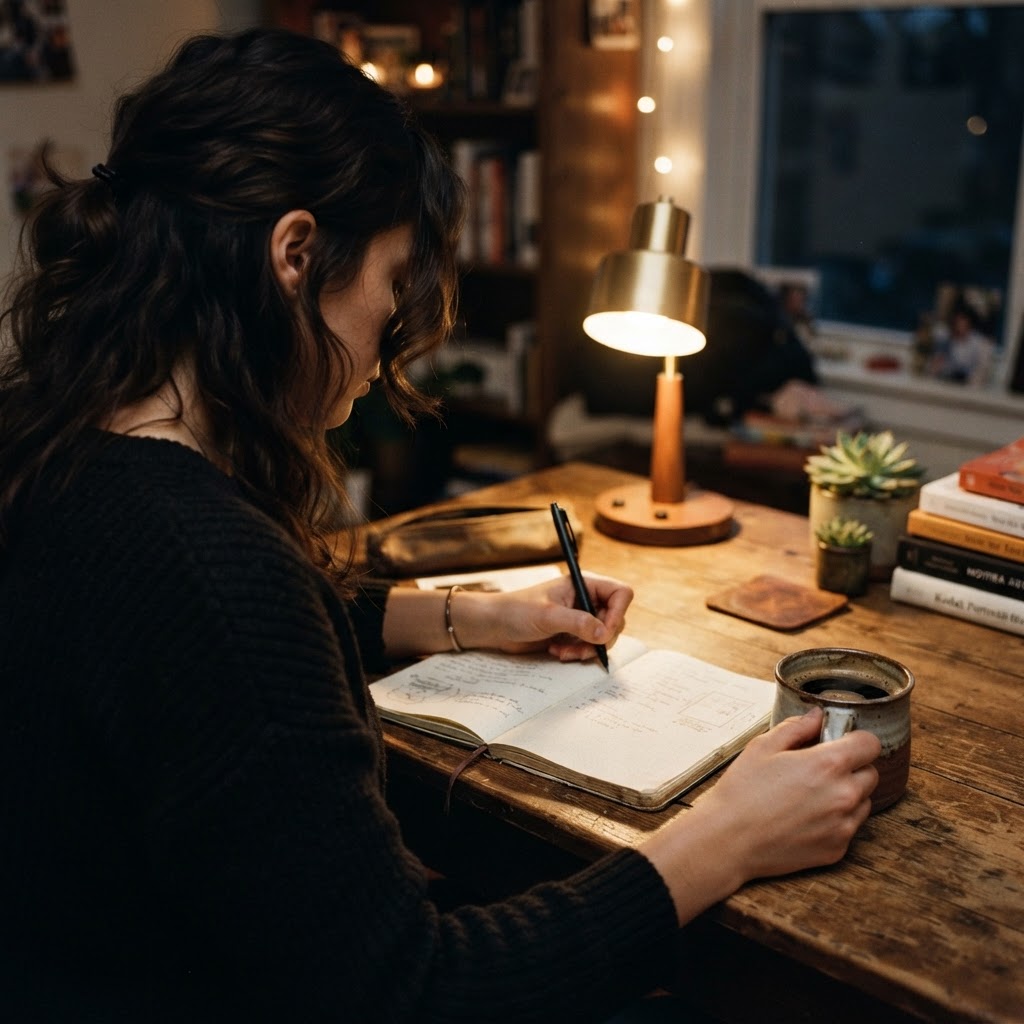 A person writing notes at a wooden desk in warm lamp light