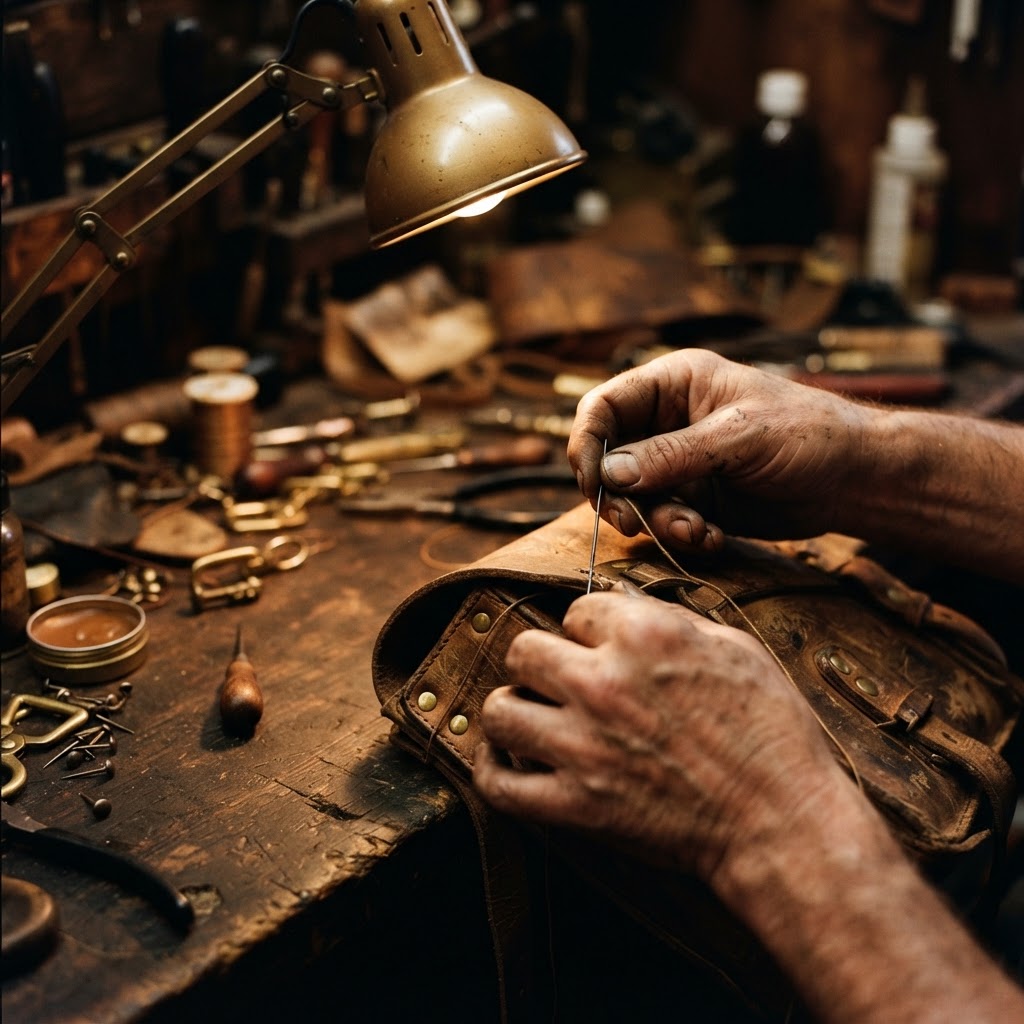 Weathered hands repairing gear at a workbench under a warm shop lamp