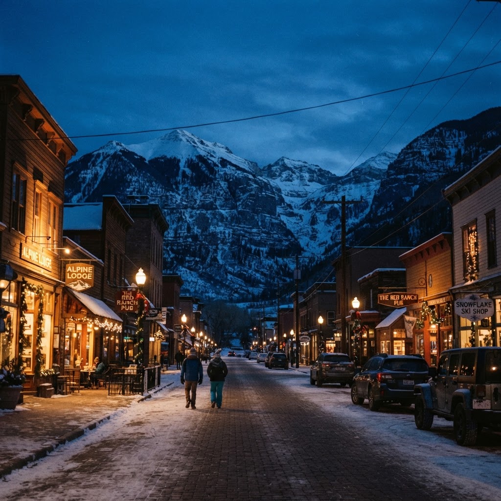 A ski town main street with warm lights at dusk and snowy peaks behind