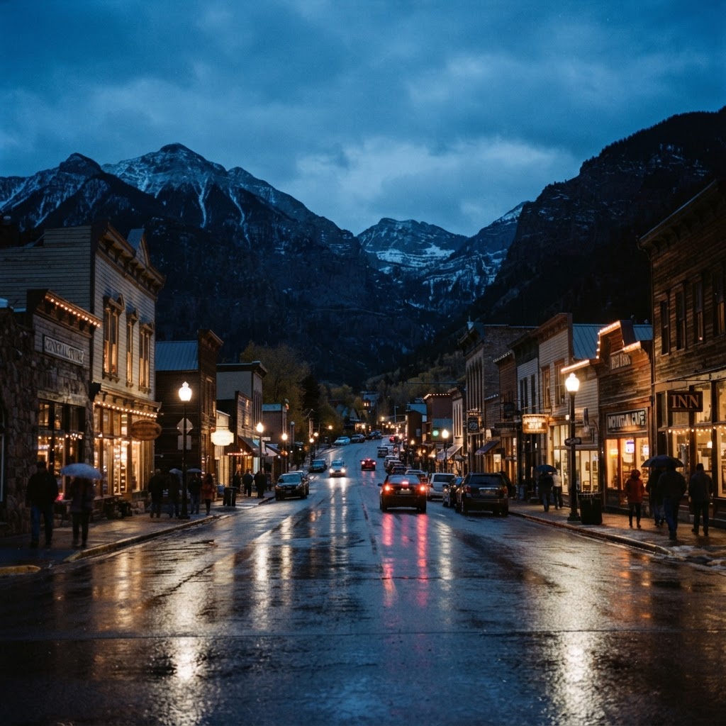 A small mountain town main street at dusk with warm shop lights