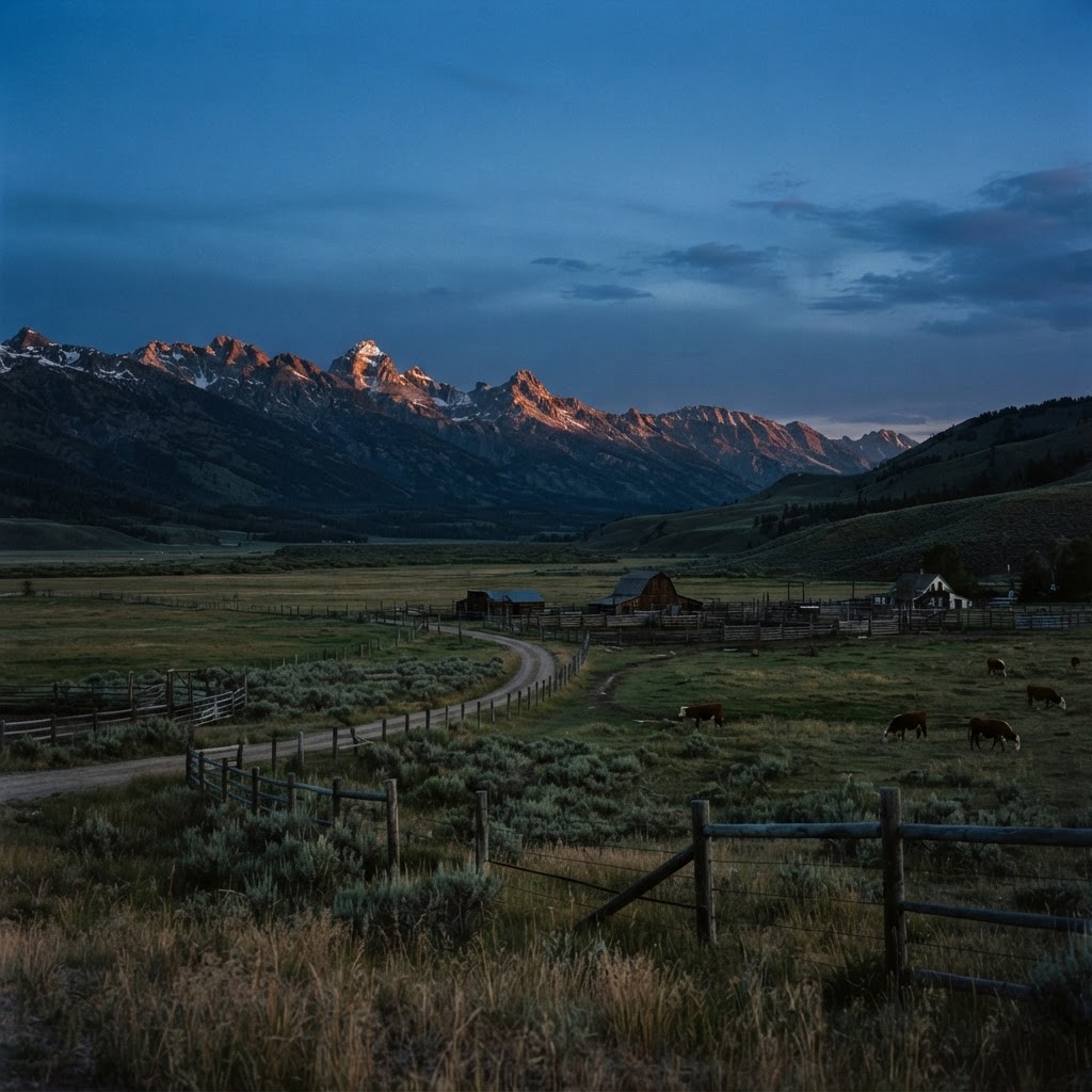 Mountain valley ranch land at dusk under a deep blue sky
