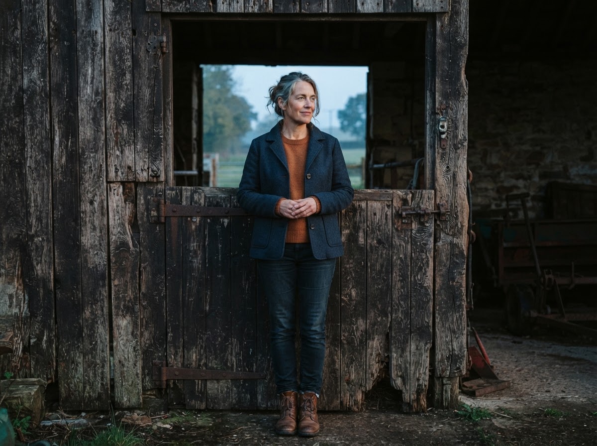 A business owner standing at a barn door at first light