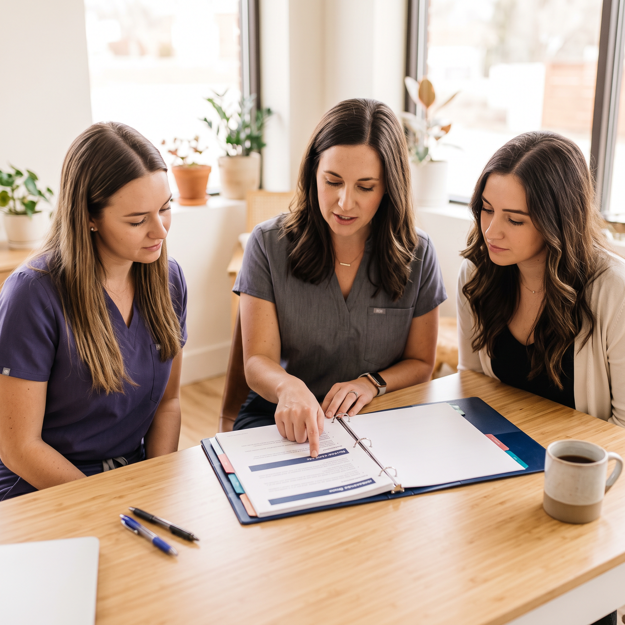 A Spryia instructional-design team huddles around an onboarding binder at a clinic table
