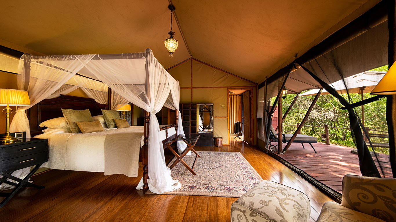 Luxury safari tent interior with warm ambient lighting and a view onto the wilderness