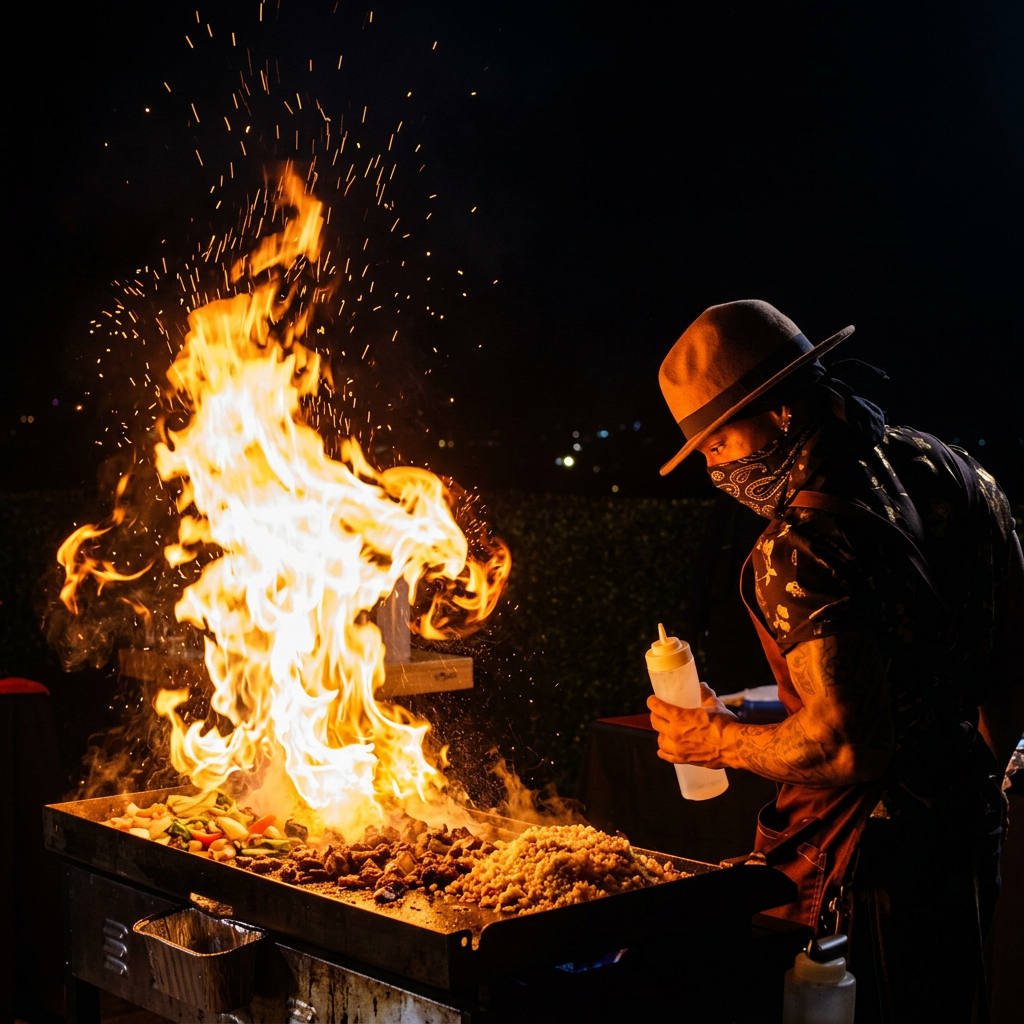 Hibachi chef performing fire tricks