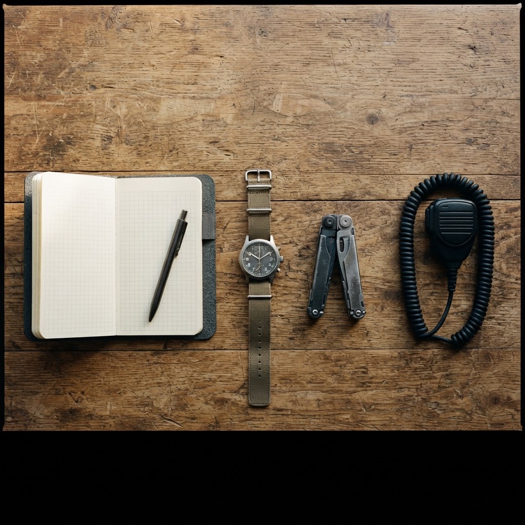 An open field notebook with a pen beside a field watch, a multitool, and a radio handset on a wooden bench
