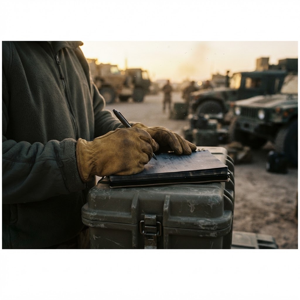 A service member writing field notes in a rugged logbook at dusk