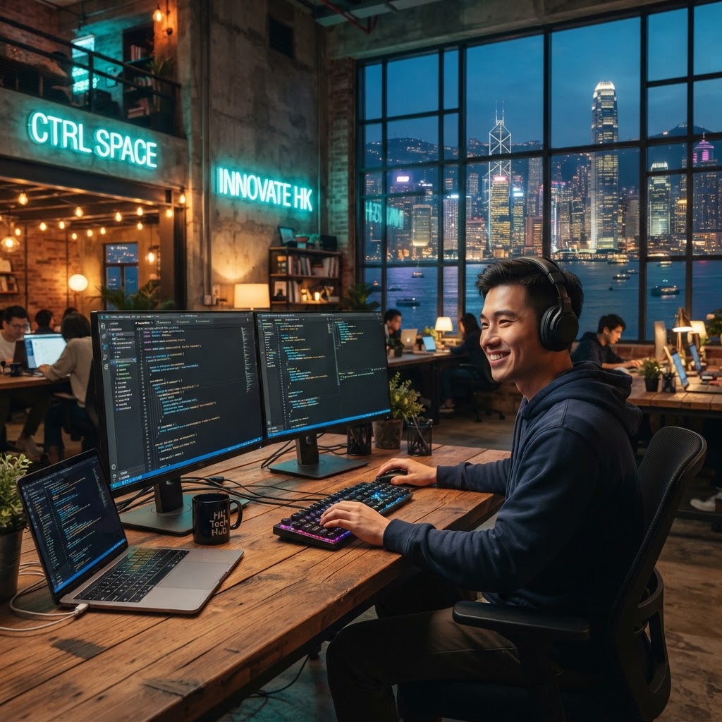 Developer building an app in a Hong Kong co-working loft