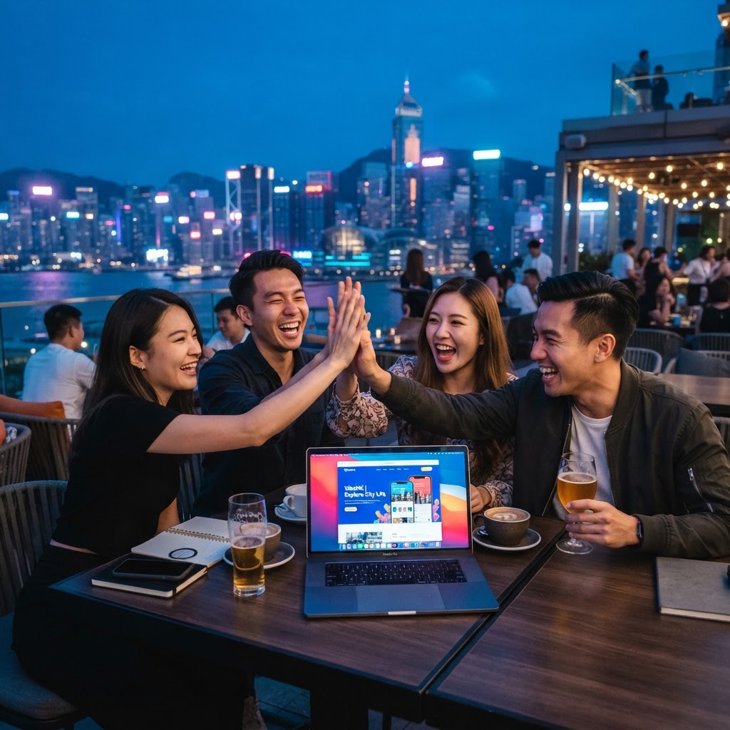 Team celebrating a launched app with Hong Kong skyline