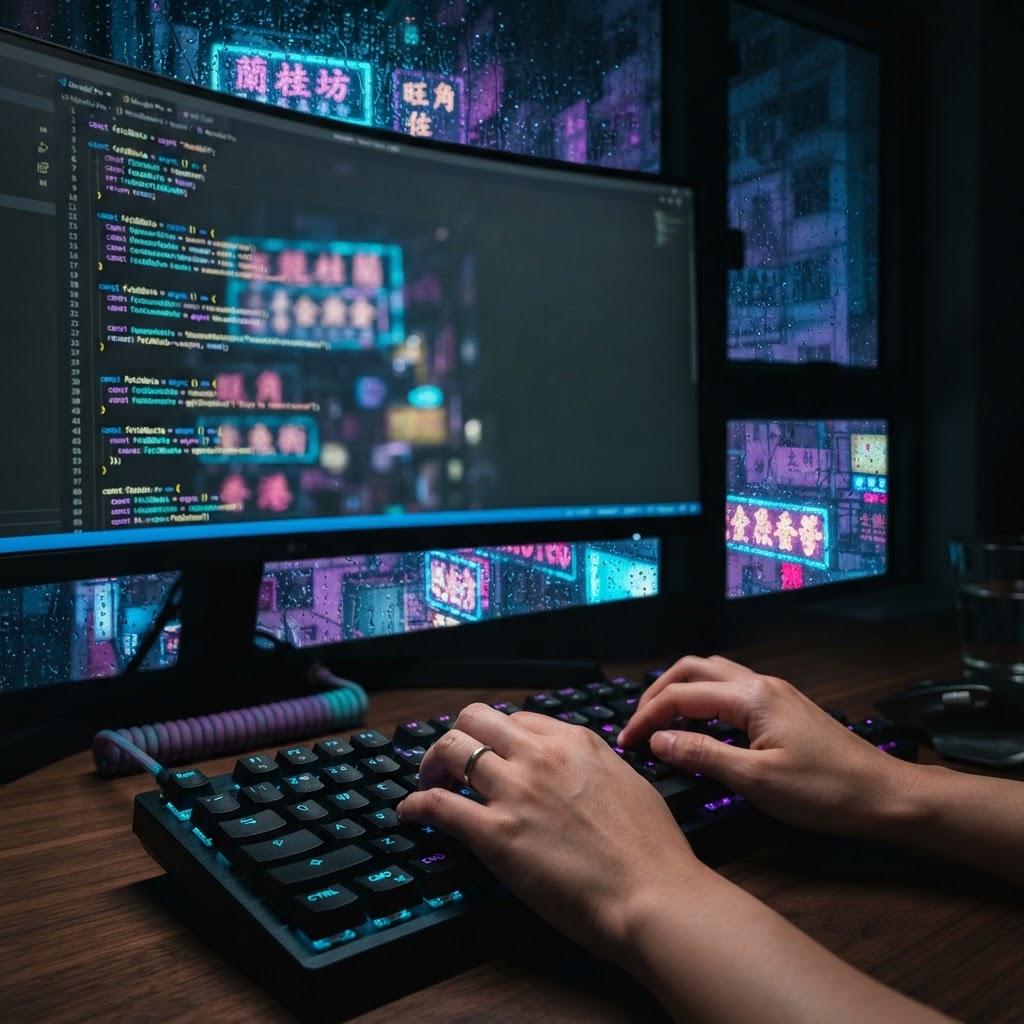 Mechanical keyboard with Hong Kong neon reflections