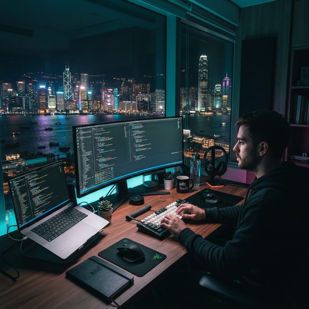 Developer coding above Victoria Harbour at night