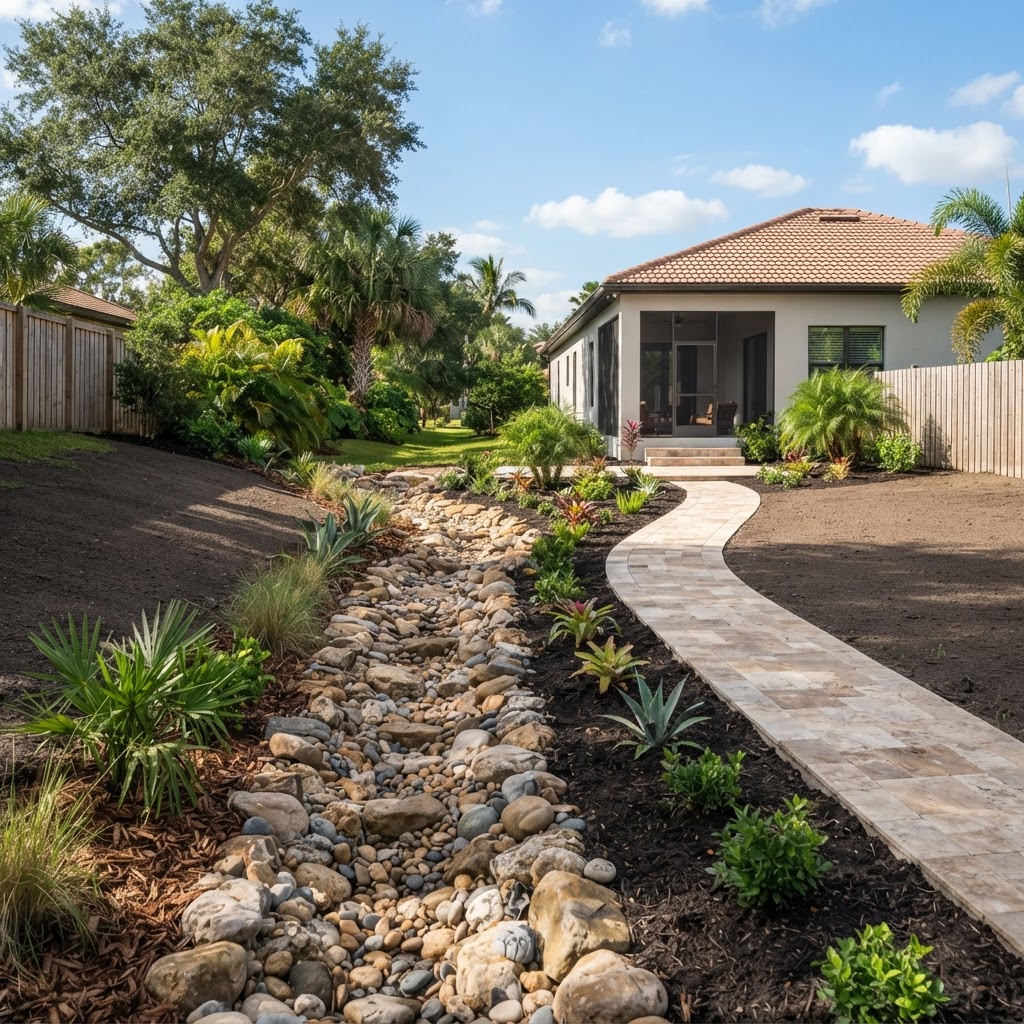 Graded backyard with a stone drainage swale and prepared site work
