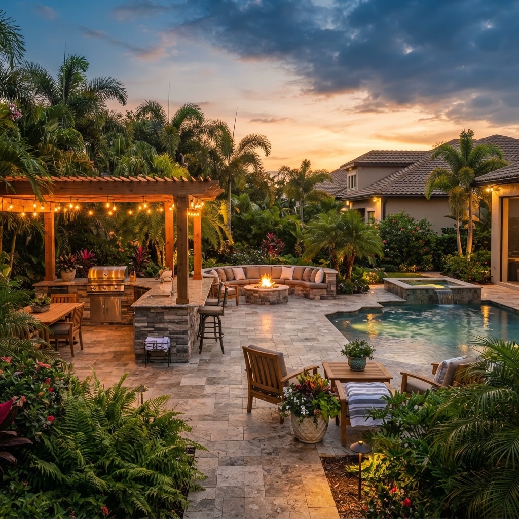 Outdoor living space with a pergola, outdoor kitchen and fire pit at golden hour