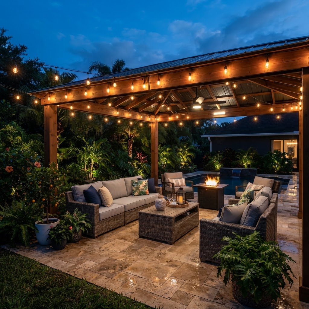 Modern pergola with a covered patio, string lights and outdoor seating