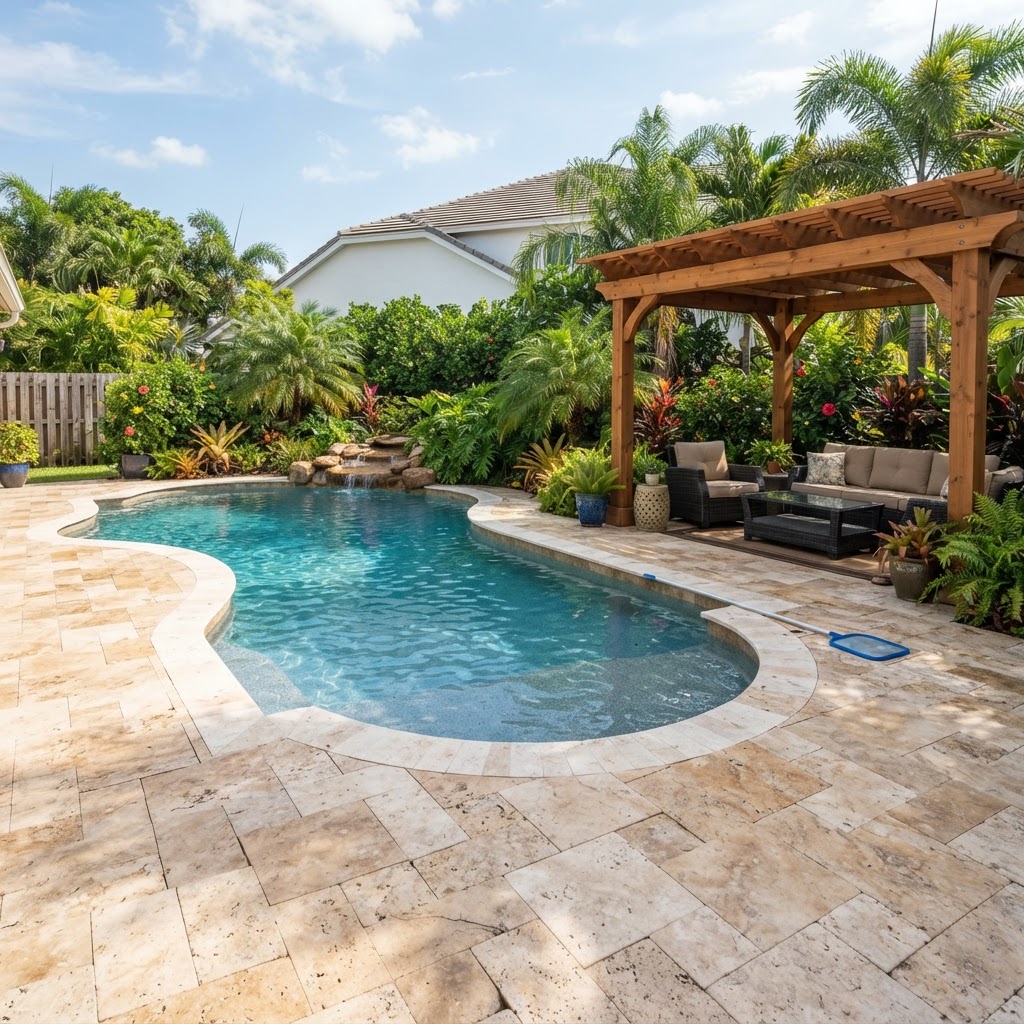 Pool deck with travertine pavers, coping and adjacent landscaping