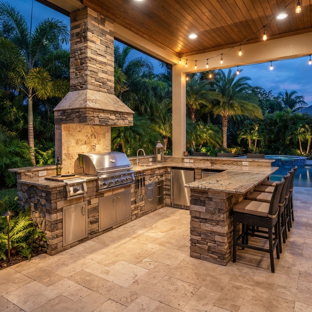 Outdoor kitchen with a built-in grill, granite countertops and bar seating