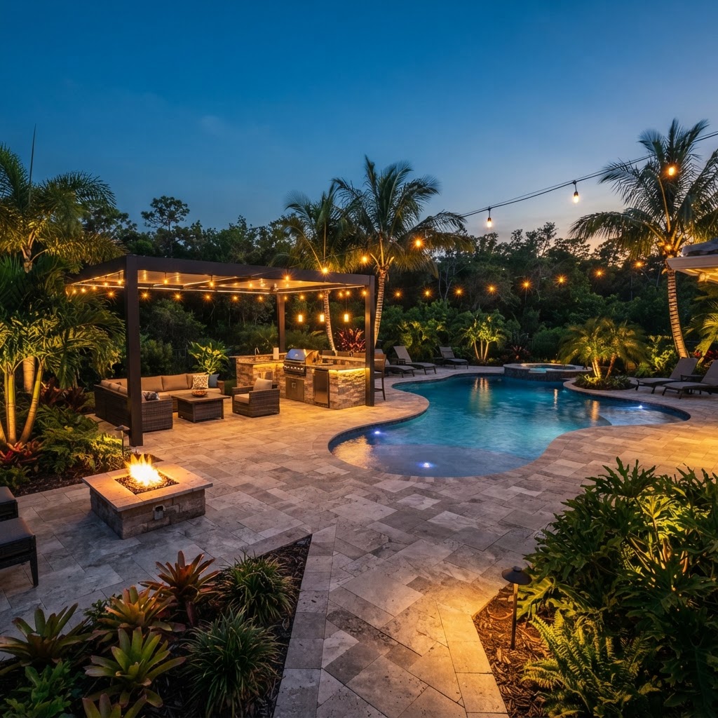Complete backyard transformation with patio, kitchen, pergola and fire pit at twilight