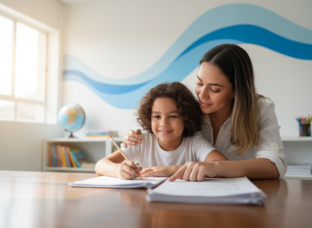Criança sorrindo estudando com orientadora Kumon