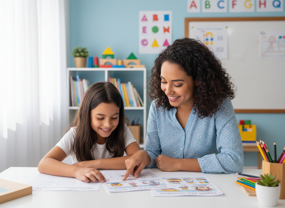 Orientadora auxiliando aluno Kumon