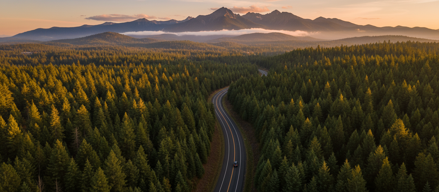 Pacific Northwest scenic highway through evergreen forest