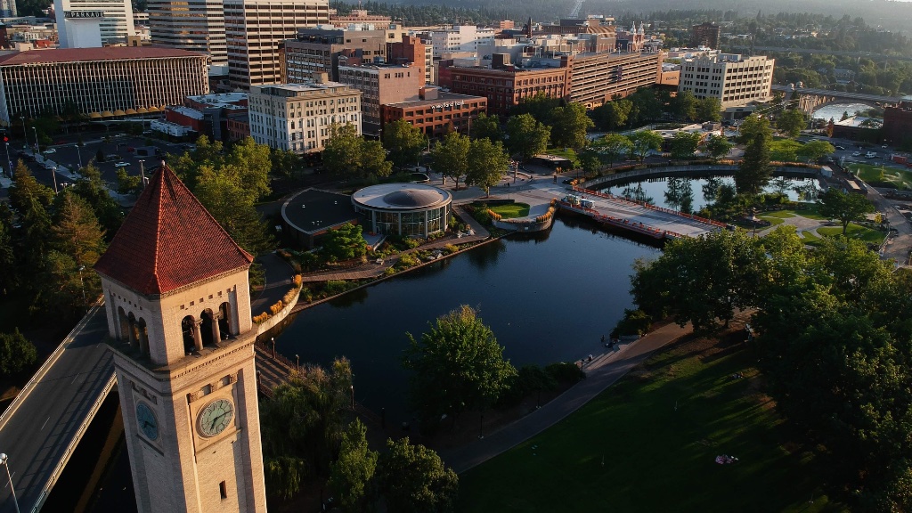 Aerial view of Riverfront Park and Downtown Spokane, Washington