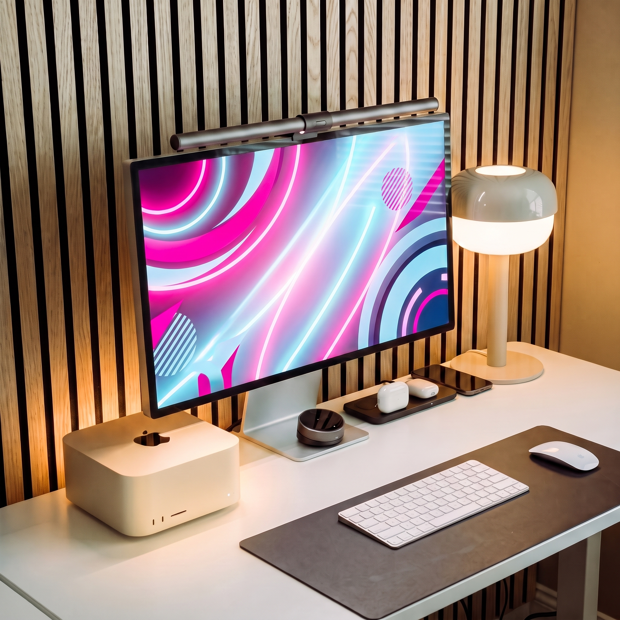 A clean desk with a large monitor, a Mac Studio, a keyboard and a lamp, the kind of setup we audit.
