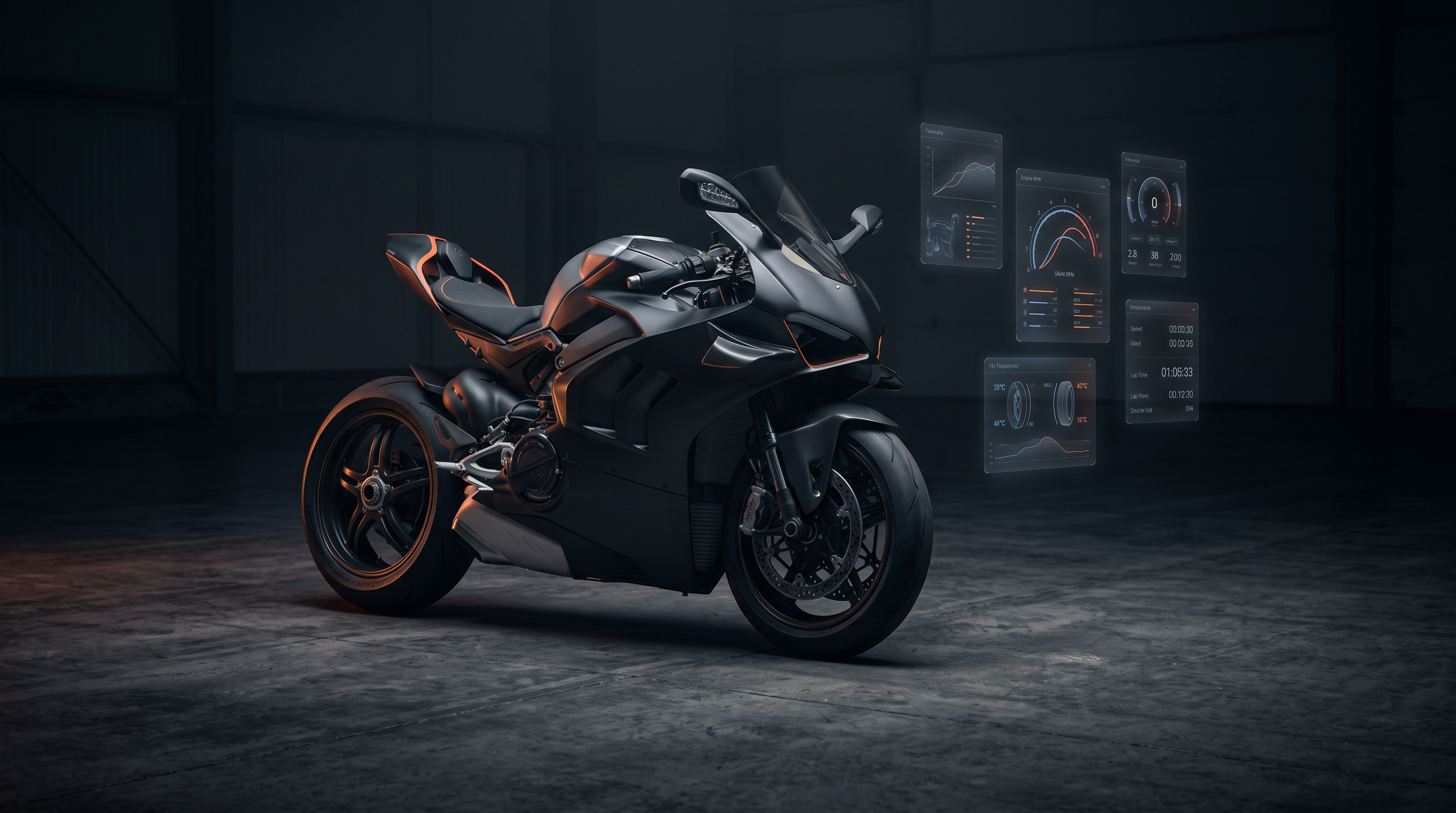 Matte black sportbike in a dark garage with orange rim lighting and floating telemetry
