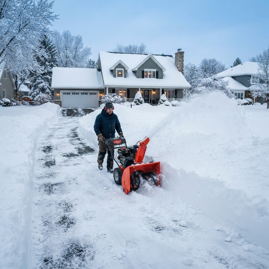 Professional snow removal service clearing a residential driveway