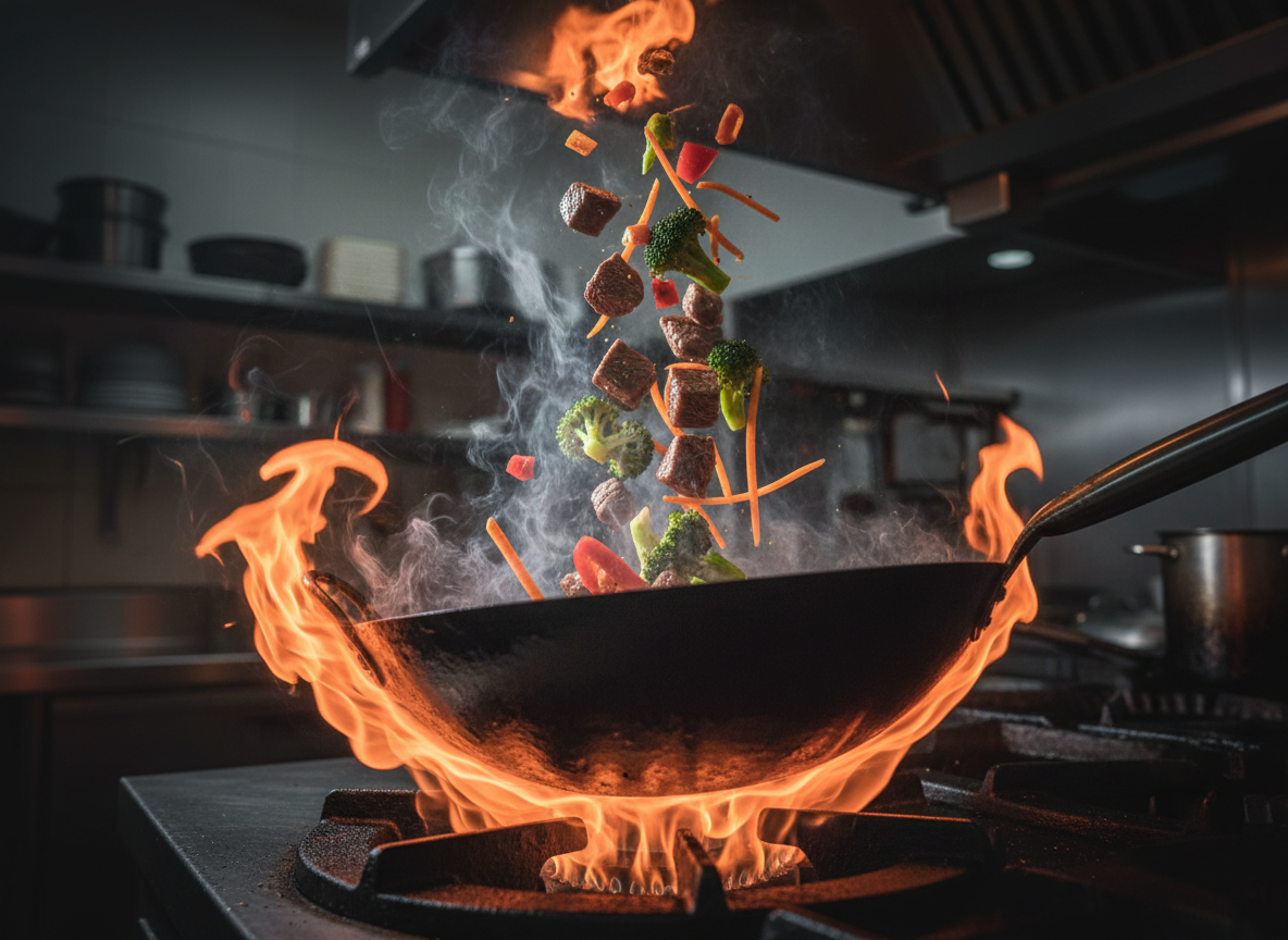 Wok cooking with flames