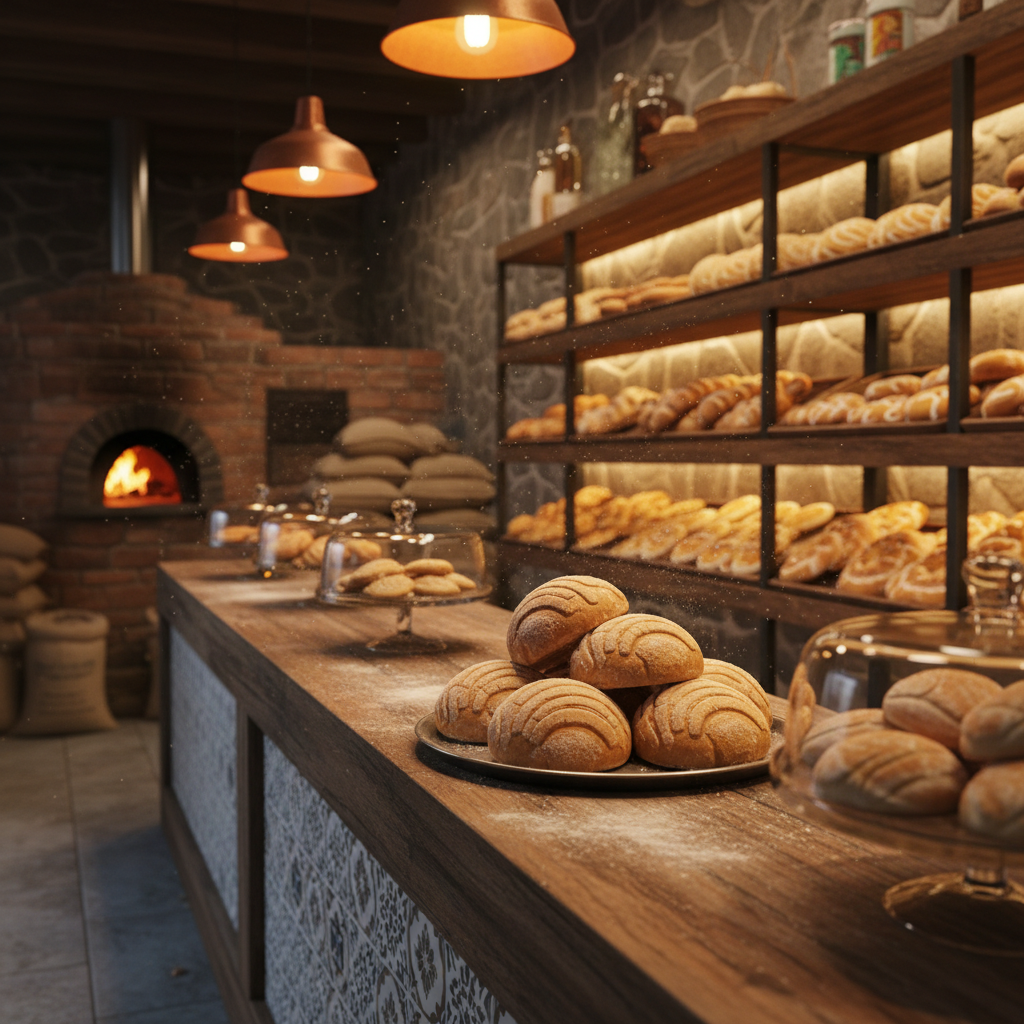Interior de una panadería artesanal mexicana con panes frescos y cálida iluminación ámbar
