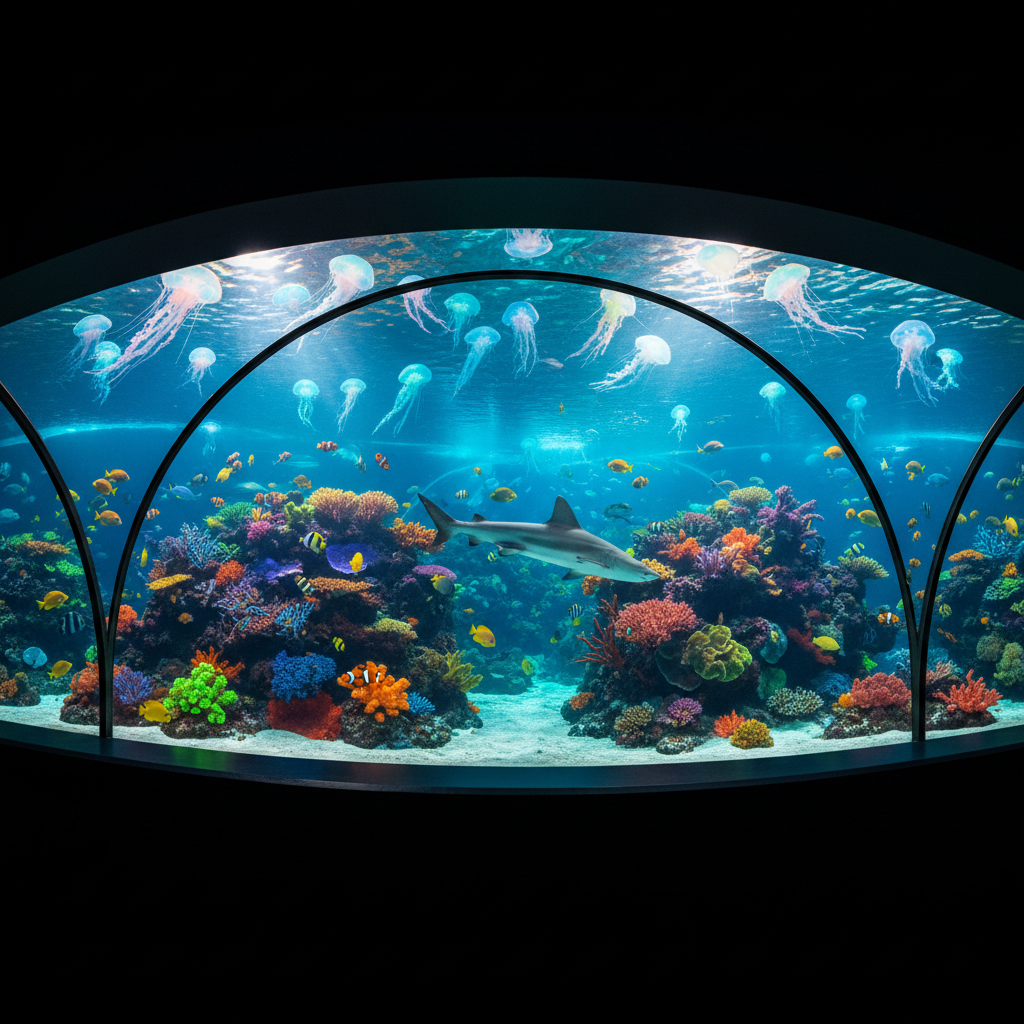 Stunning underwater aquarium scene with coral reef, tropical fish, and jellyfish