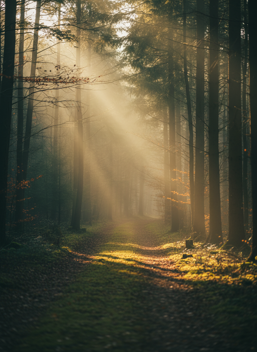 Sunlight streaming through a peaceful forest