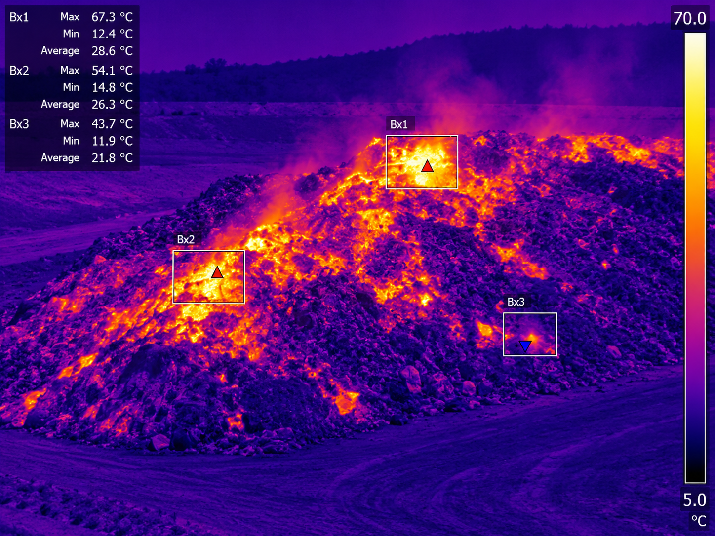 Thermal infrared heatmap of a debris pile with temperature analysis zones