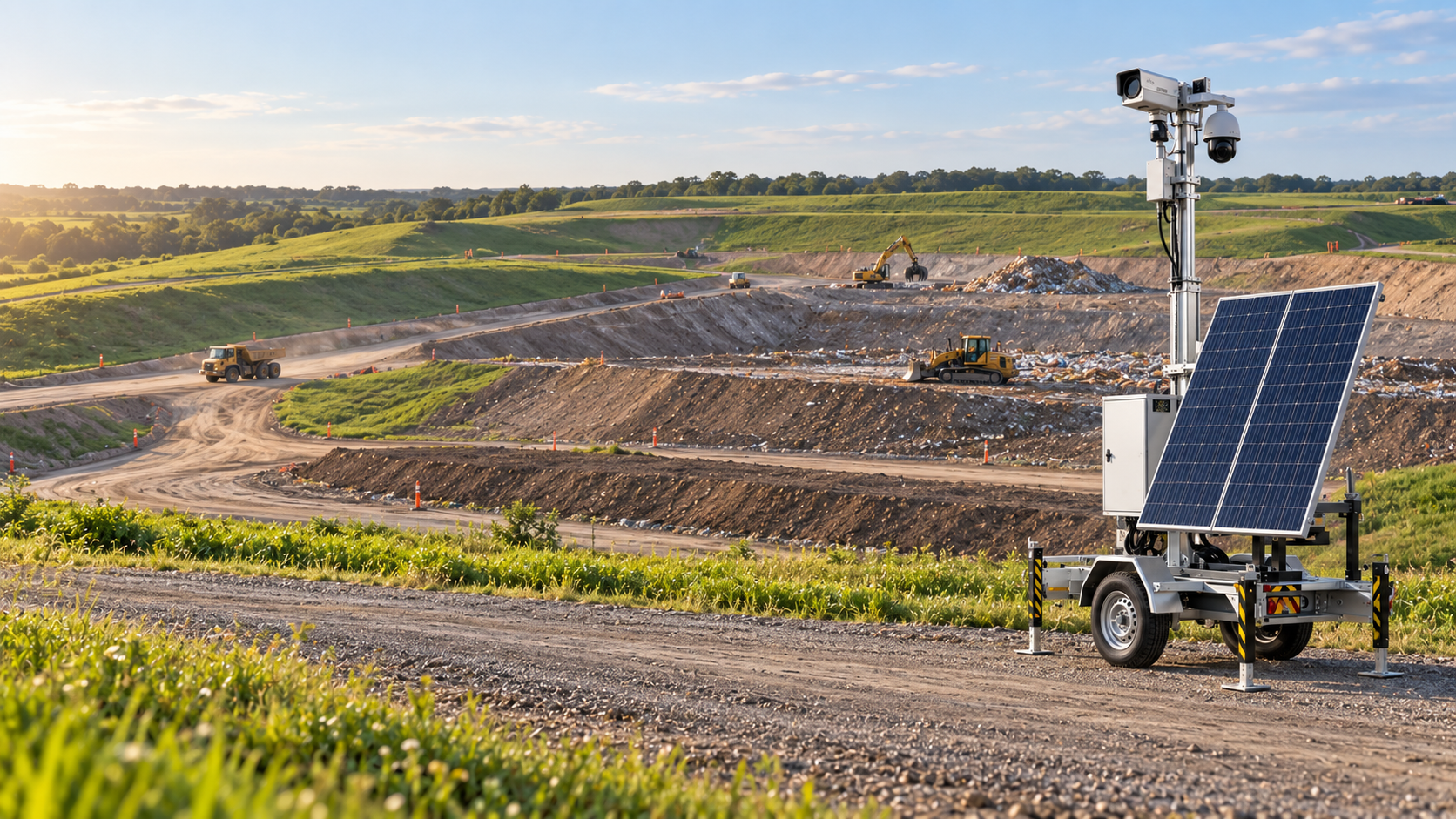 Mobile solar-powered surveillance trailer overlooking an active construction site