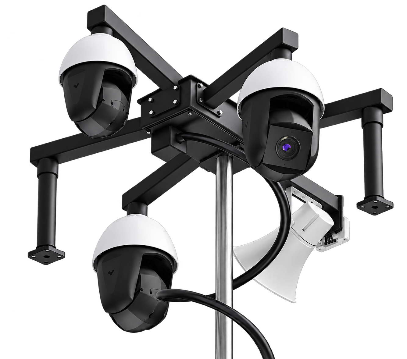 Telescopic camera mast with PTZ cameras and security domes on dark background